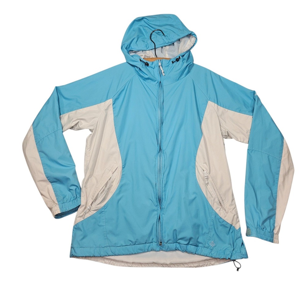 Columbia VTG Y2K Colorblock Hooded Windbreaker Jacket Blue Cream Sz M